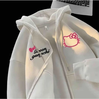 เสื้อฮู้ดซิปผู้หญิง Kitty ลาย Green gungchi สีน้ำตาล Oversize ผ้านุ่มใส่สบาย แฟชั่นสไตล์วินเทจ