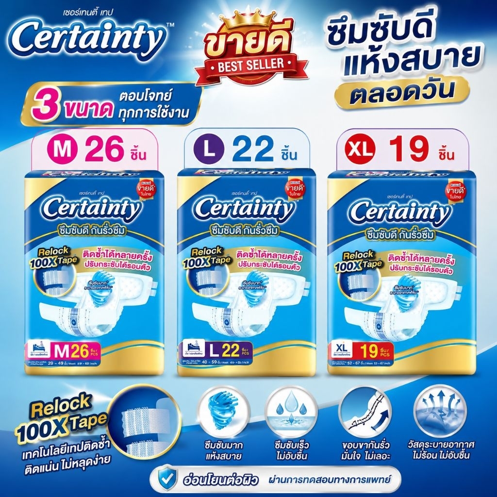 Certainty Tape ผ้าอ้อมผู้ใหญ่ เซอร์เทนตี้ แบบเทป ขนาดจัมโบ้ ไซส์ M26 /L22/XL19