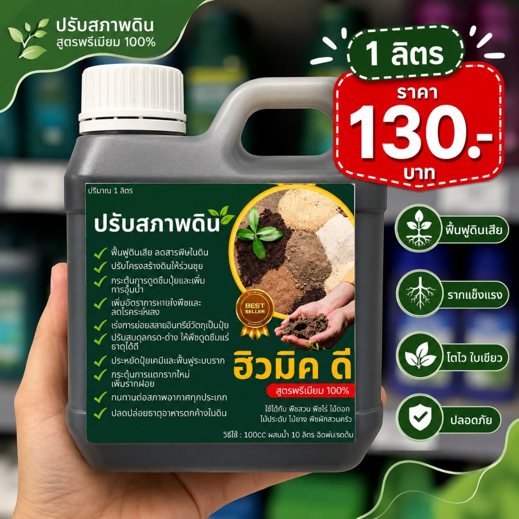 ฮิวมิค ดี บำรุงดิน 1 ลิตร สูตรพรีเมียม ฟื้นฟูดินเสีย ปรับโครงสร้างดิน -ปรับสมดุลดิน ดูดซึมแร่ธาตุได้ดี แตกรากใหม่