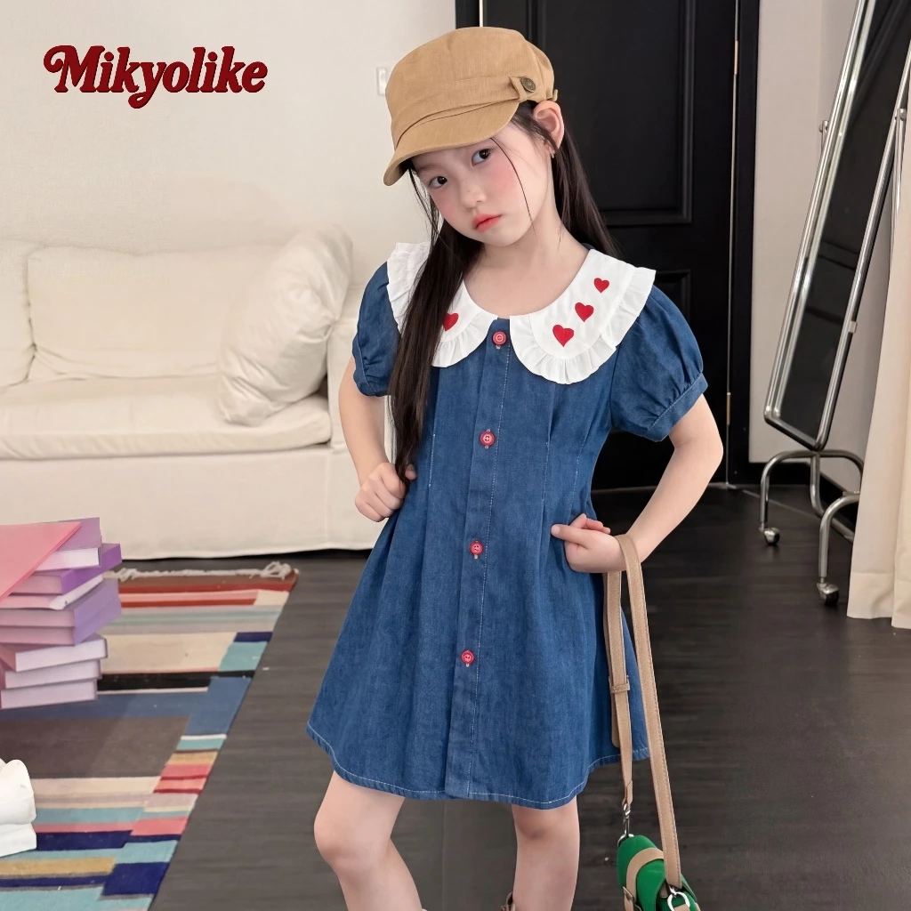 Mikyolike 1-9 ปี ชุดเดรสยีนส์เด็ก สไตล์เกาหลี แขนเสื้อพอง ปกเสื้อปีเตอร์แพน โปรงยีนส์เด็กผู้หญิง ชุดยีนส์เด็กผู้หญิง