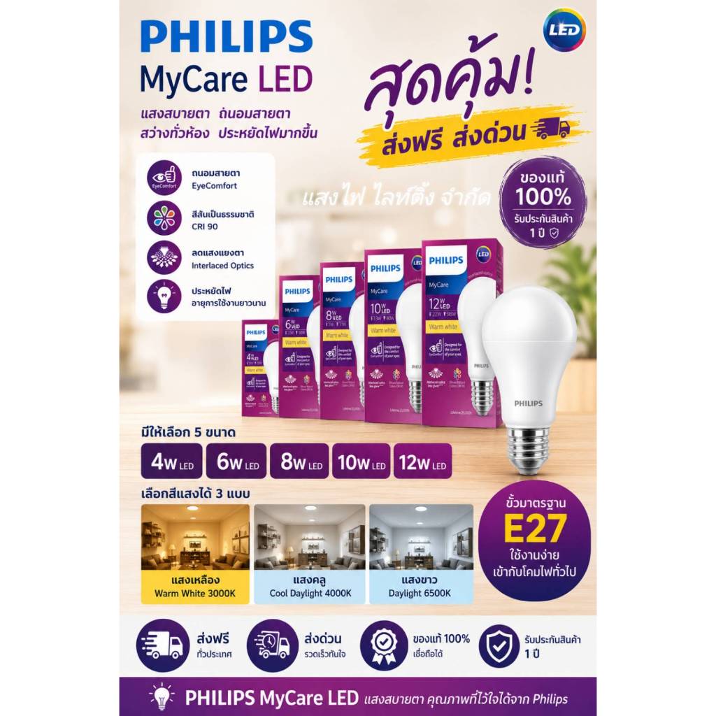 Philips หลอดไฟฟิลิปส์ LED Bulb MyCare 4W 6W 8W 10W 12W ขั้ว E27 (รุ่นกล่องม่วง  ถนอมสายตา 15,000 ชม.)
