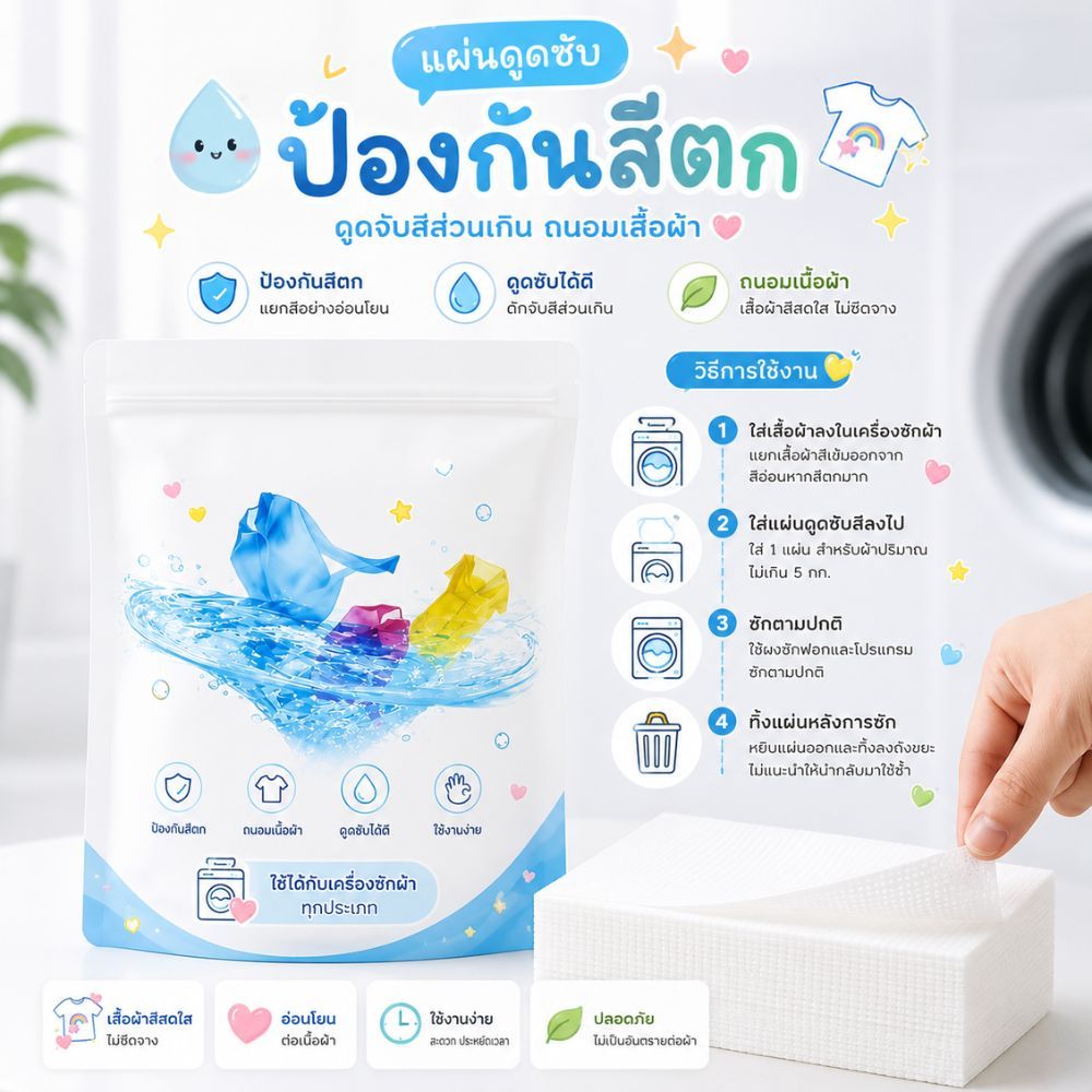 ส่งด่วน ส่งไว พร้อมส่ง แผ่นซักผ้า แผ่นซักผ้ากันสีตก (1แพ๊ค 50 แผ่น) ป้องกันผ้าสีตก แผ่นดูดสี