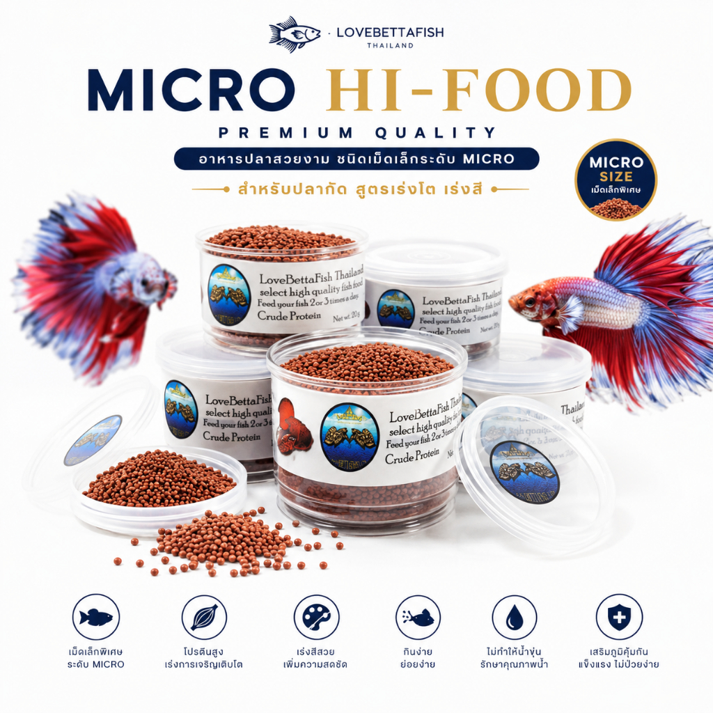 อาหารปลาสวยงาม ชนิดเม็ดเล็กระดับ Micro Hi - Food สำหรับปลากัด ปลาสวยงาม สูตรเร่งโต เร่งสี