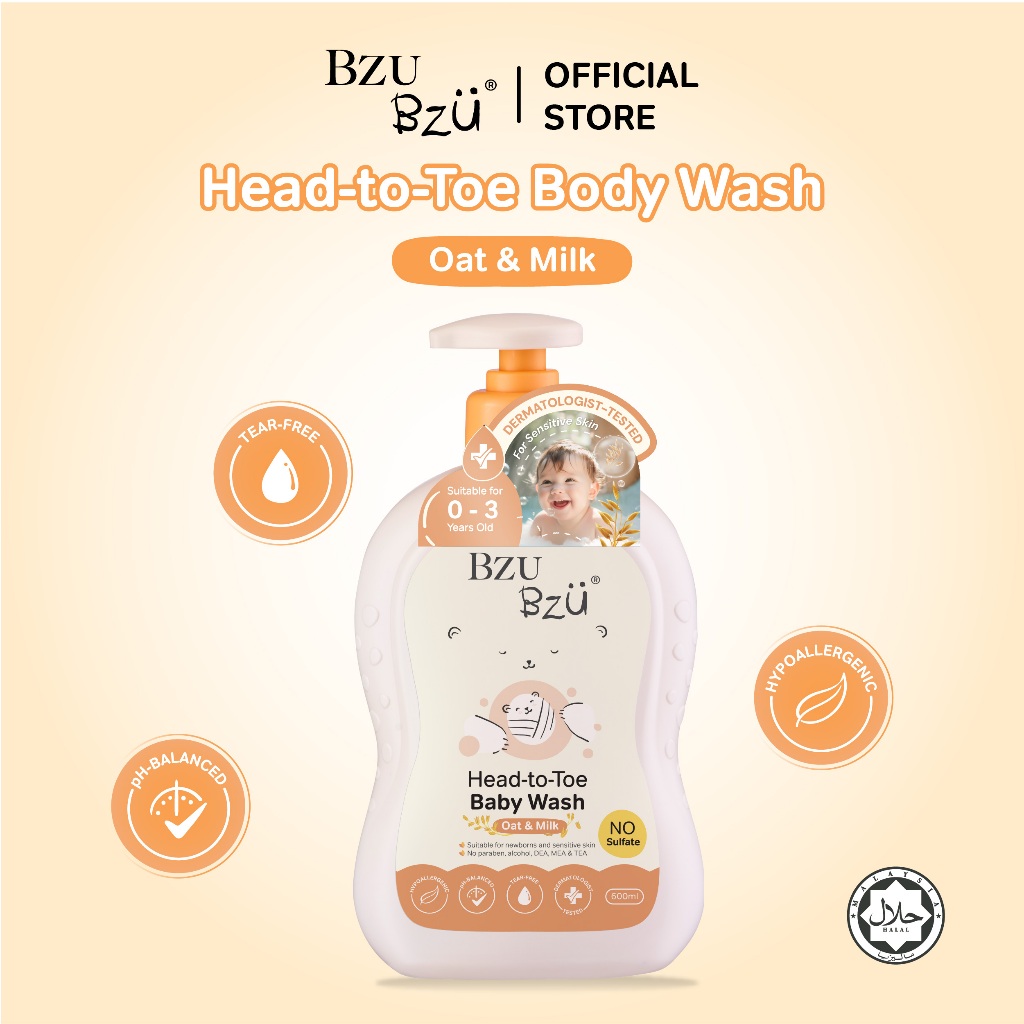 BZU BZU Head-to-Toe Baby Wash สูตร (Oat&Milk) - 600ml บีซู บีซู สบู่อาบและสระ สำหรับเด็กแรกเกิด ไม่แสบตา (0-3 ขวบ)