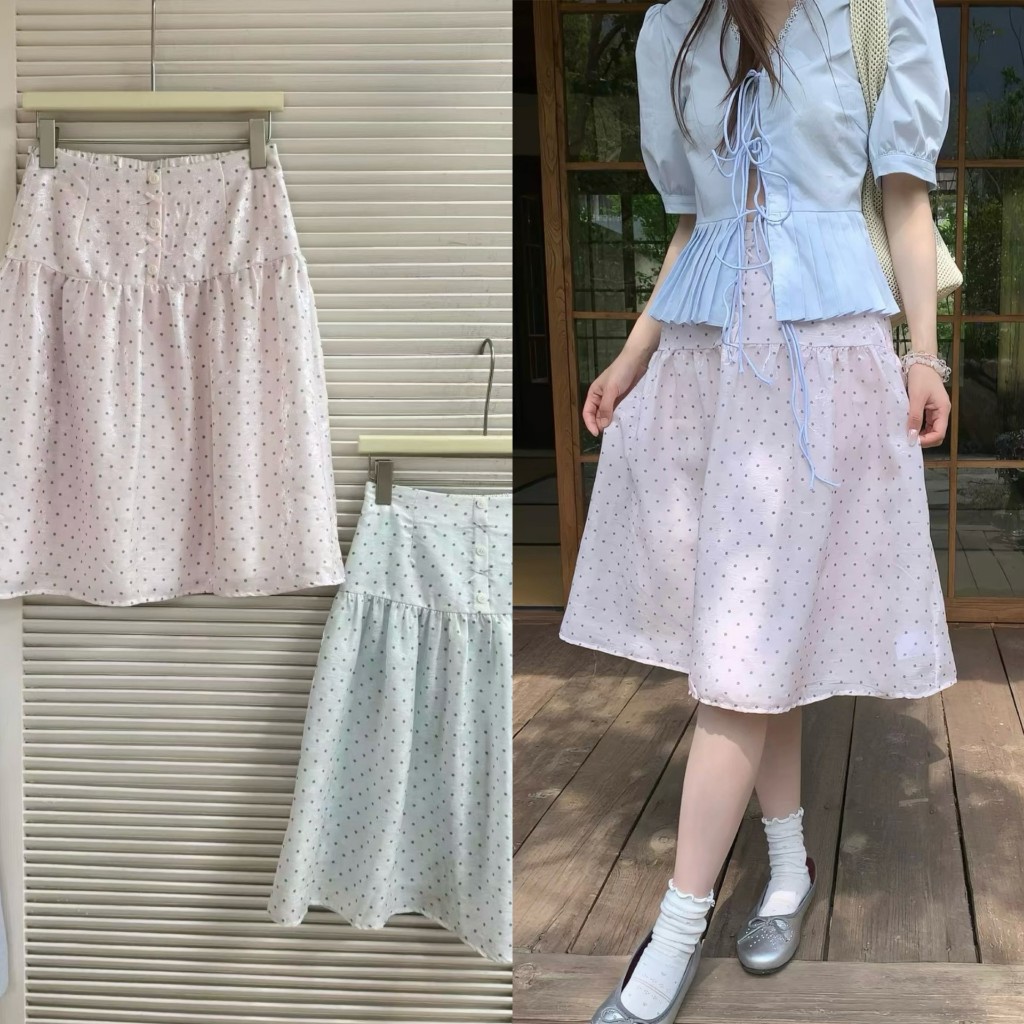 Somedays l 🐰Cloudy Skirt กระโปรงPokadotสีหวานๆ ดีเทลกระดุมสลับโบว์ เอวสม็อคหลังเก็บเอวเริ่ดมากก