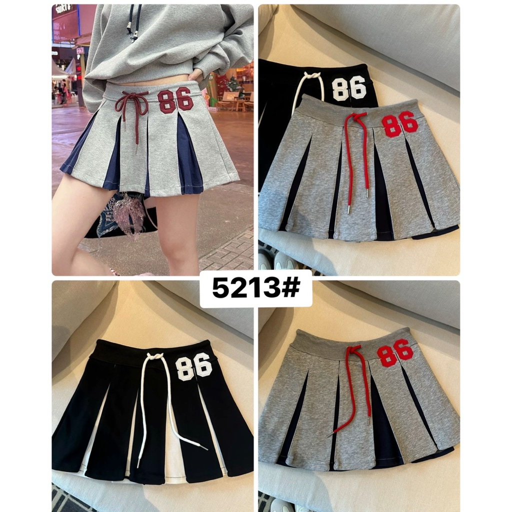 5213 #กระโปรงสั้น ผ้าวอร์มจีบรอบแต่งตัวเลข มีเชือกรูดเอว