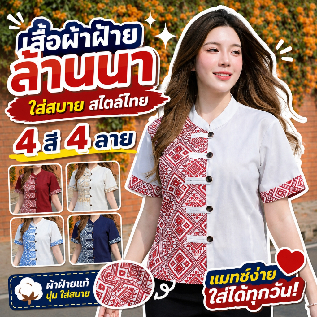 เสื้อคอจีนลายช้าง - ทูโทนมี 7 สี