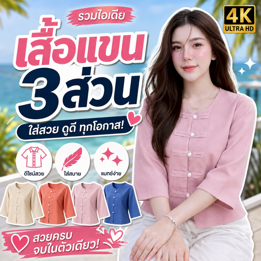 เสื้อสีพื้นแขน 3 ส่วนมุก