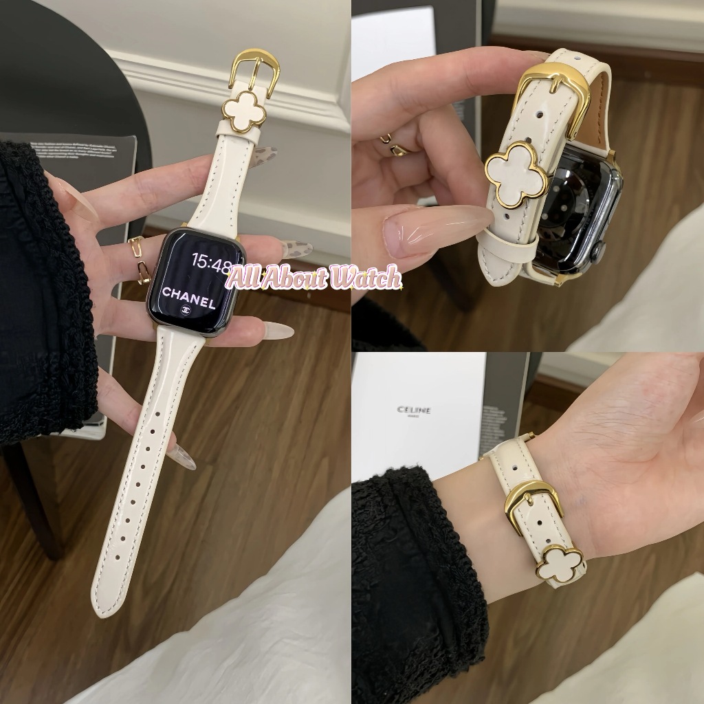 พร้อมส่ง สายนาฬิกาหนังบาง ดีไซน์เข็มขัดประดับดอกแวนคลีฟ ใส่สบาย ใช้ได้กับ 11 10 9 8 7 6 5 4 3 2 1 SE