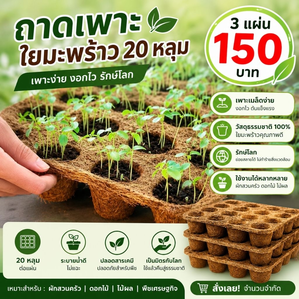 ถาดเพาะใยมะพร้าว 20 หลุม 3 แผ่น ถาดเพาะเมล็ด ถ้วยเพาะกล้า ถ้วยรักษ์โลก ถาดพราะต้นกล้า ถาดเพราะต้นไม้
