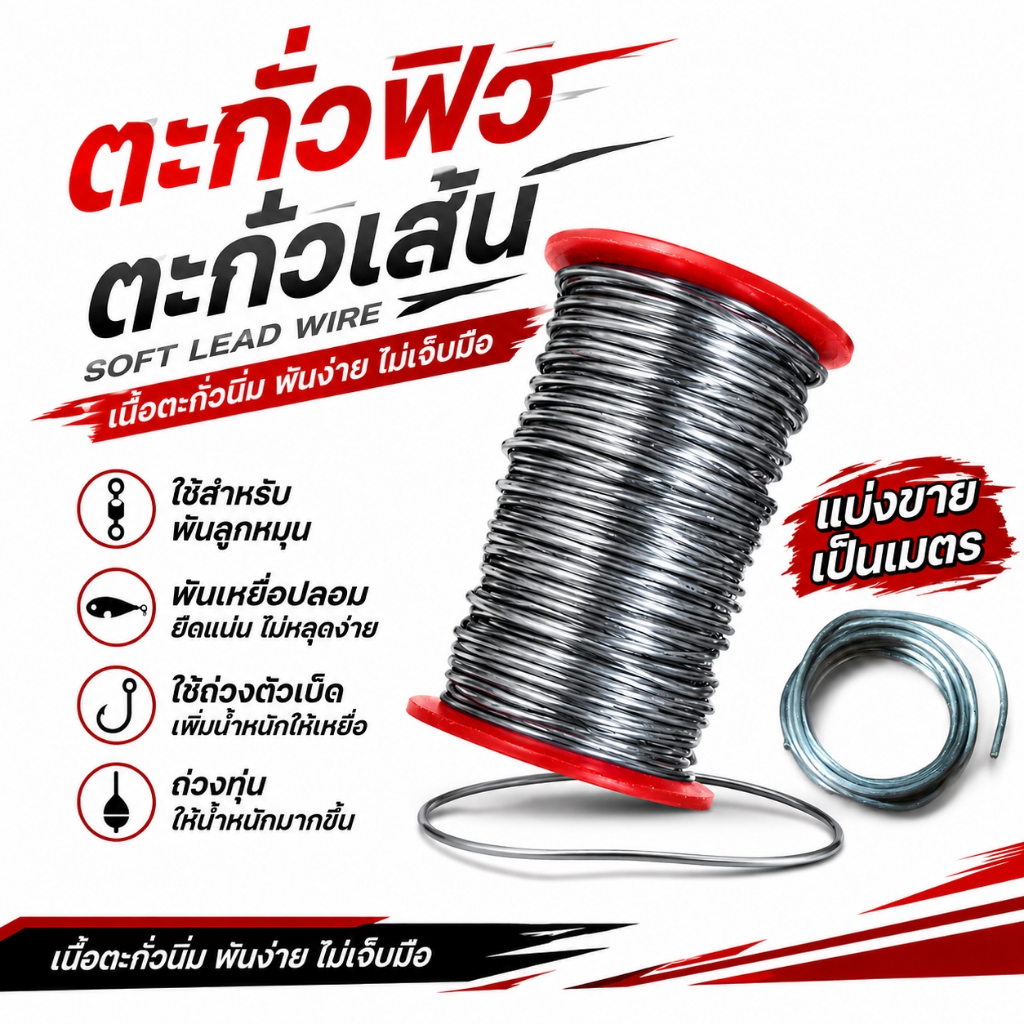 ตะกั่วฟิว แบ่งขายเส้นละ1เมตร ตะกั่วเส้นทำกบยาง ตะกั่วตกปลา มี4ขนาด 1.6 , 1.4 , 1.2 , 1 มม