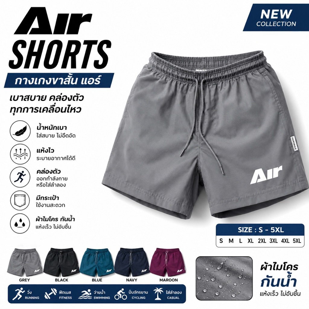 กางเกงลำลองขาสั้น ผ้าร่มAIR  เนื้อเบาสวมใส่สบาย ใส่ได้ทั้งชาย-หญิง น้ำหนัก 100 กิโลใส่ได้