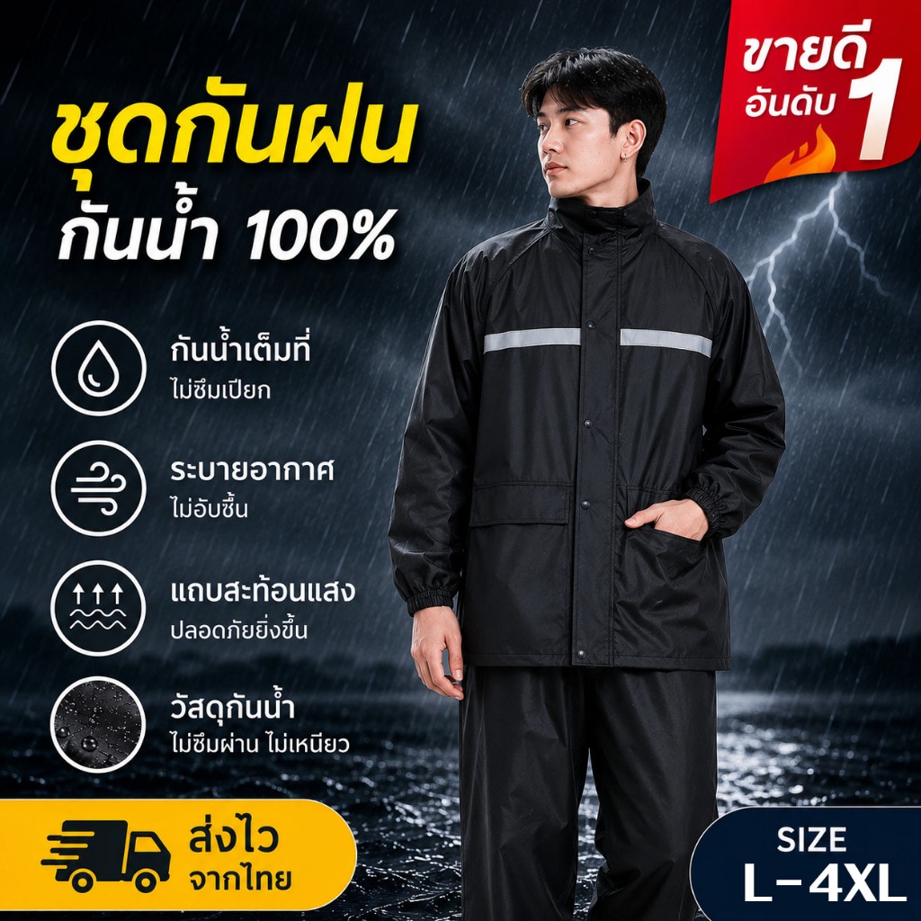 กันน้ำ 100% เสื้อกันฝนผู้ใหญ่ พร้อมหมวกและแถบสะท้อนแสง ชุดเสื้อกันฝนมีเสื้อและกางเกง ขนาด L-4XL