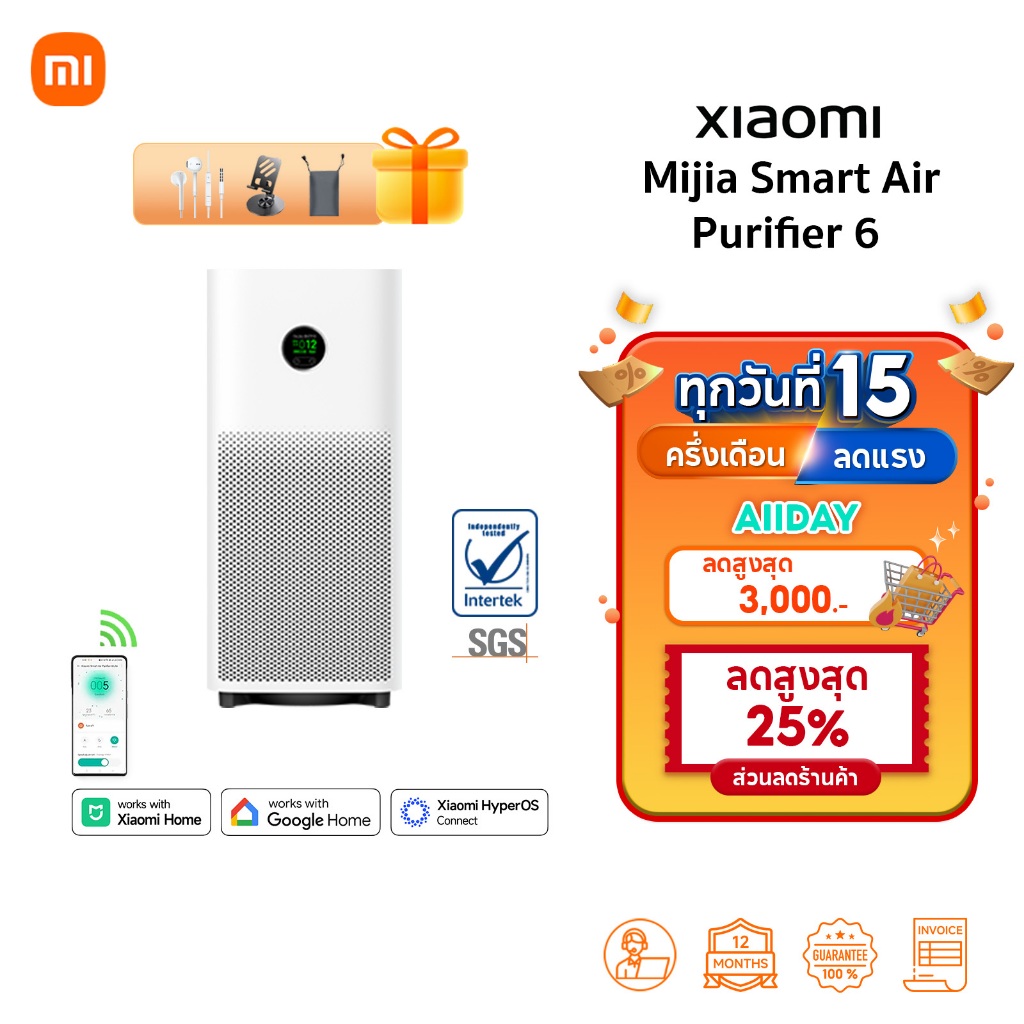 🆕Mijia Smart Air Purifier 6 เครื่องฟอกอากาศอัจฉริยะ  | 443 ลบ.ม./ชม. | อัตราการกำจัดไวรัส H1N1 ถึง99