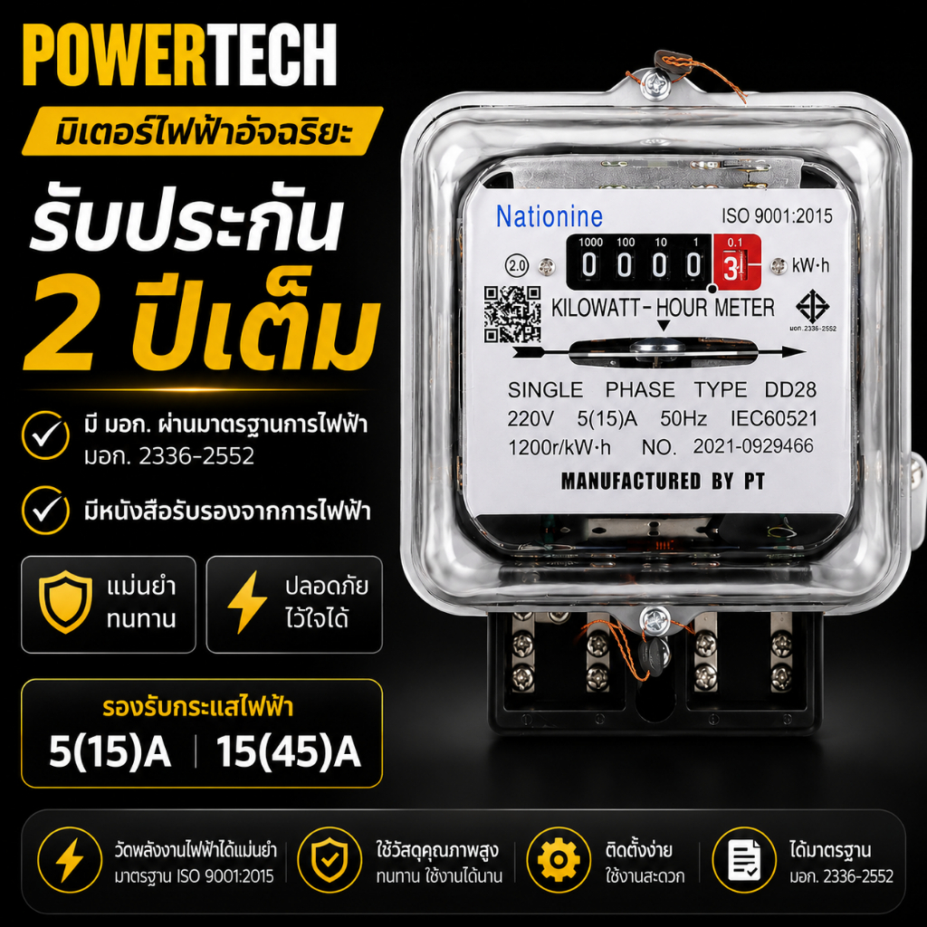 มิเตอร์ ไฟฟ้า หม้อไฟ 2เฟส 5A(15)A Nationine มีมอก.ผ่านมาตรฐานการไฟฟ้า มีหนังสือรับรองจากการไฟฟ้า powertech