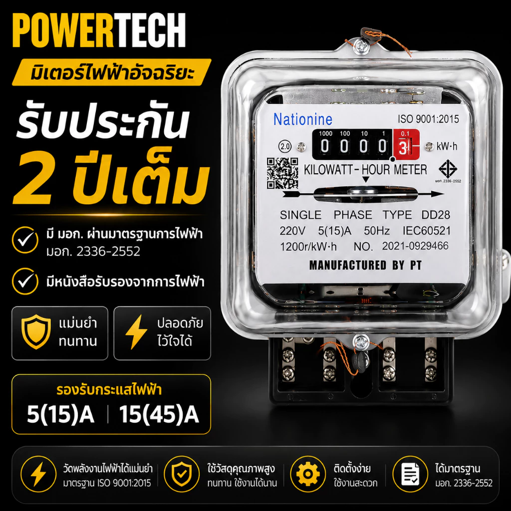 มิเตอร์ ไฟฟ้า หม้อไฟ 2เฟส 5A(15)A Nationine มีมอก.ผ่านมาตรฐานการไฟฟ้า มีหนังสือรับรองจากการไฟฟ้า powertech