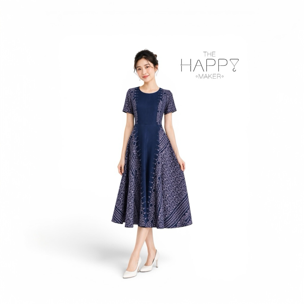 [แบรนด์ไทย] เดรสเจ้าหญิงผ้าฝ้ายราชวัตรสีกรมท่า อัดผ้ากาวทั้งชุด