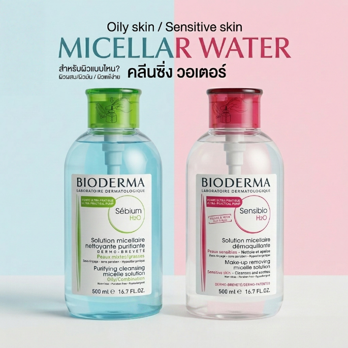 Micellar Water 500ml [หัวปั๊ม] คลีนซิ่งเช็ดเครื่องสำอาง สูตร Sensibio / Sebium สำหรับผิวแพ้ง่ายและผิวมัน