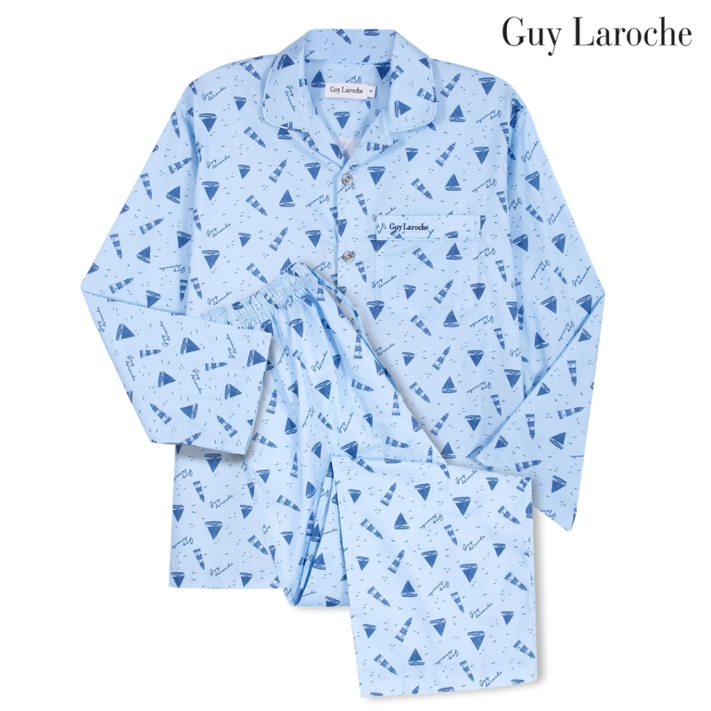 Guy Laroche ชุดนอนคอปก แขนยาว ขายาว พิมพ์ลาย เนื้อผ้า cotton สีฟ้า รุ่น JPG5972S6BU — صورة 3
