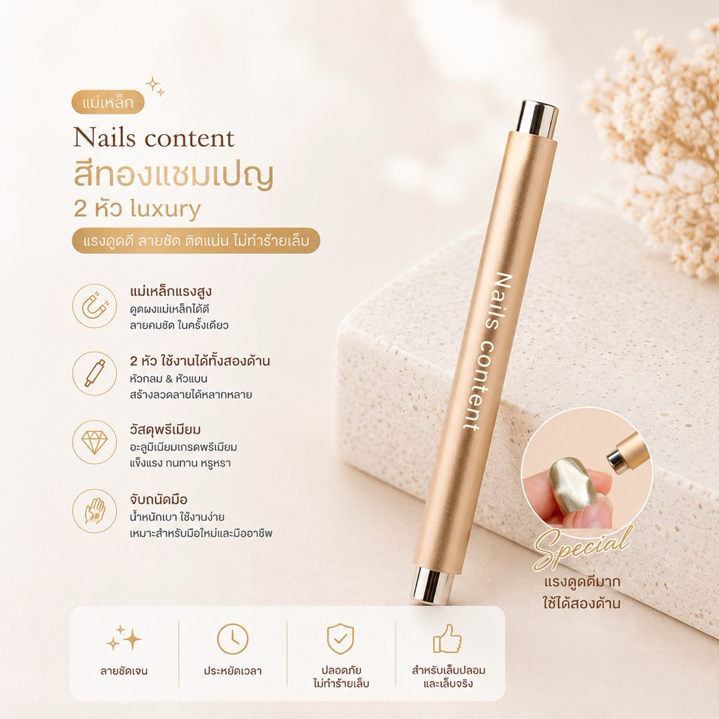 แม่เหล็ก Nails content สีทองแชมเปญ 2 หัว luxury