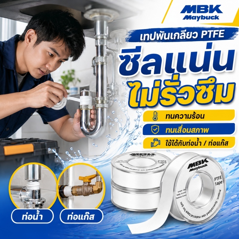 Maybuck เทปพันเกียวแพ็ค 5ม้วน เทปพันเกลียว PTFE 12m อเนกประสงค์ กันน้ำ กันรั่วซึม เหนียวดี