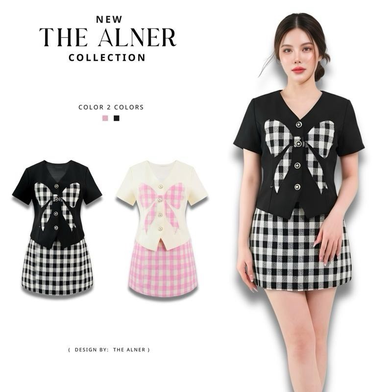 Thealner-AN021 เซตเสื้อคอวีแขนสั้นโบว์หน้า+กระโปรง