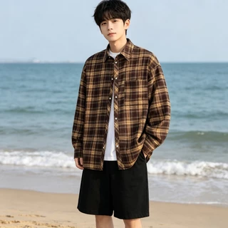 AceMenเสื้อเชิ้ตแขนยาวลําลอง เสื้อเชิ้ตผู้ชาย สไตล์เกาหลี แฟชั่นฤดูร้อน ลายสก๊อต ทรงหลวม คู่รักรุ่นเดียวกัน