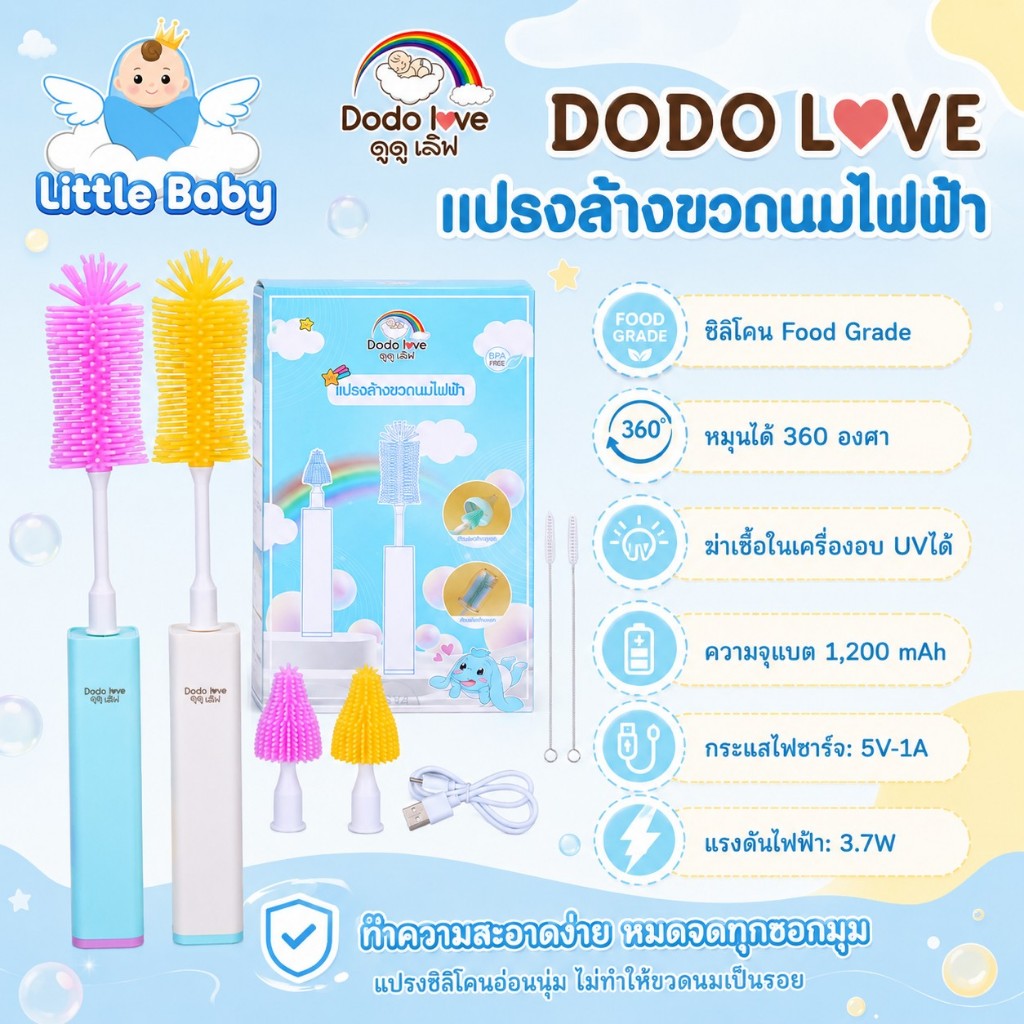 ส่งด่วน DoDolove แปรงล้างขวดนมไฟฟ้า ซิลิโคนไฟฟ้าล้างจุกนม หมุนได้ 360 องศา