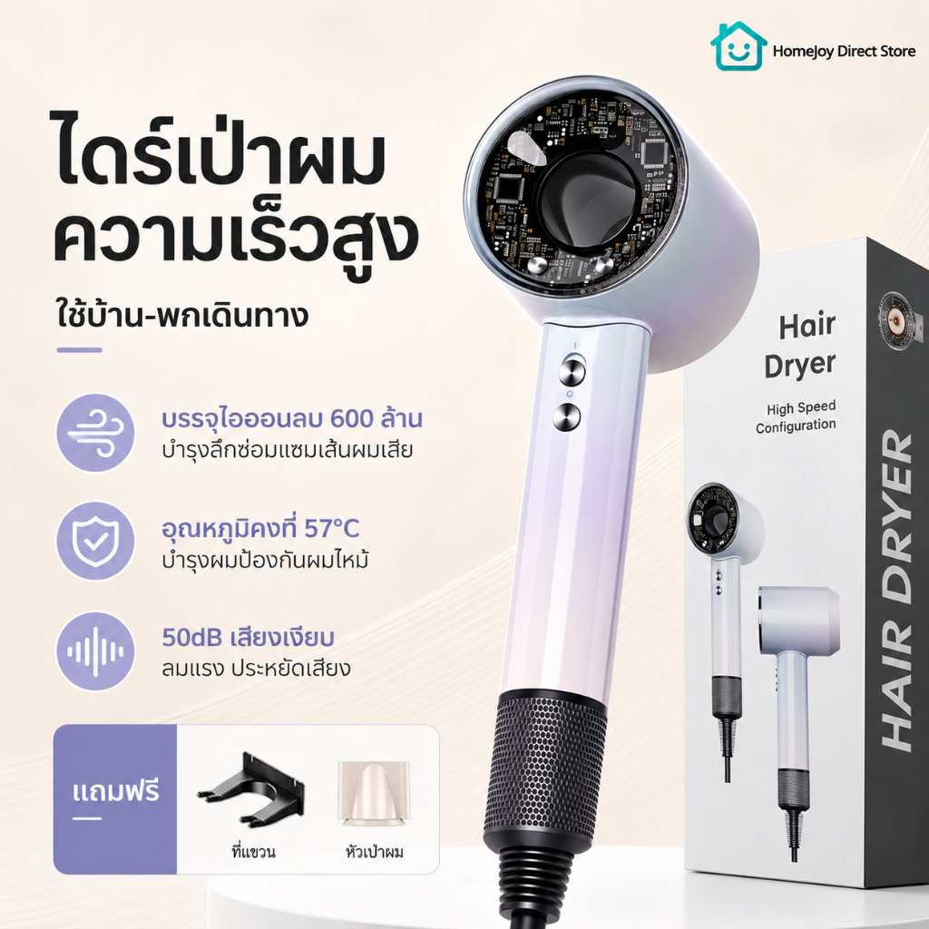 ไดร์เป่าผมความเร็วสูง ไอออนลบ 600ล้าน อุณหภูมิคงที่57°C เสียงเบา50dB ปรับ3ระดับลม 4ระดับอุณหภูมิ แถมฟรีหัวเป่า+ที่แขวน