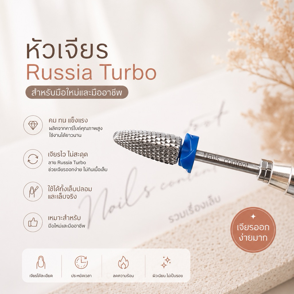 หัวเจียร Russia Turbo Nails content ขอบน้ำเงิน รุ่นใหม่ล่าสุด เหมาะสำหรับมือใหม่และมืออาชีพ ใช้ได้ทั้งเล็บปลอมและเล็บจริ