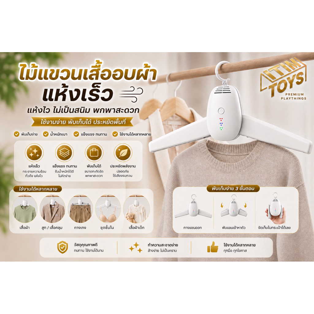 Itimtoys ไม้แขวนเสื้อ ราวตากผ้าไฟฟ้า สามารถอบผ้าได้ พกพาสะดวก ผ้าแห้งไวลดกลิ่นอับ