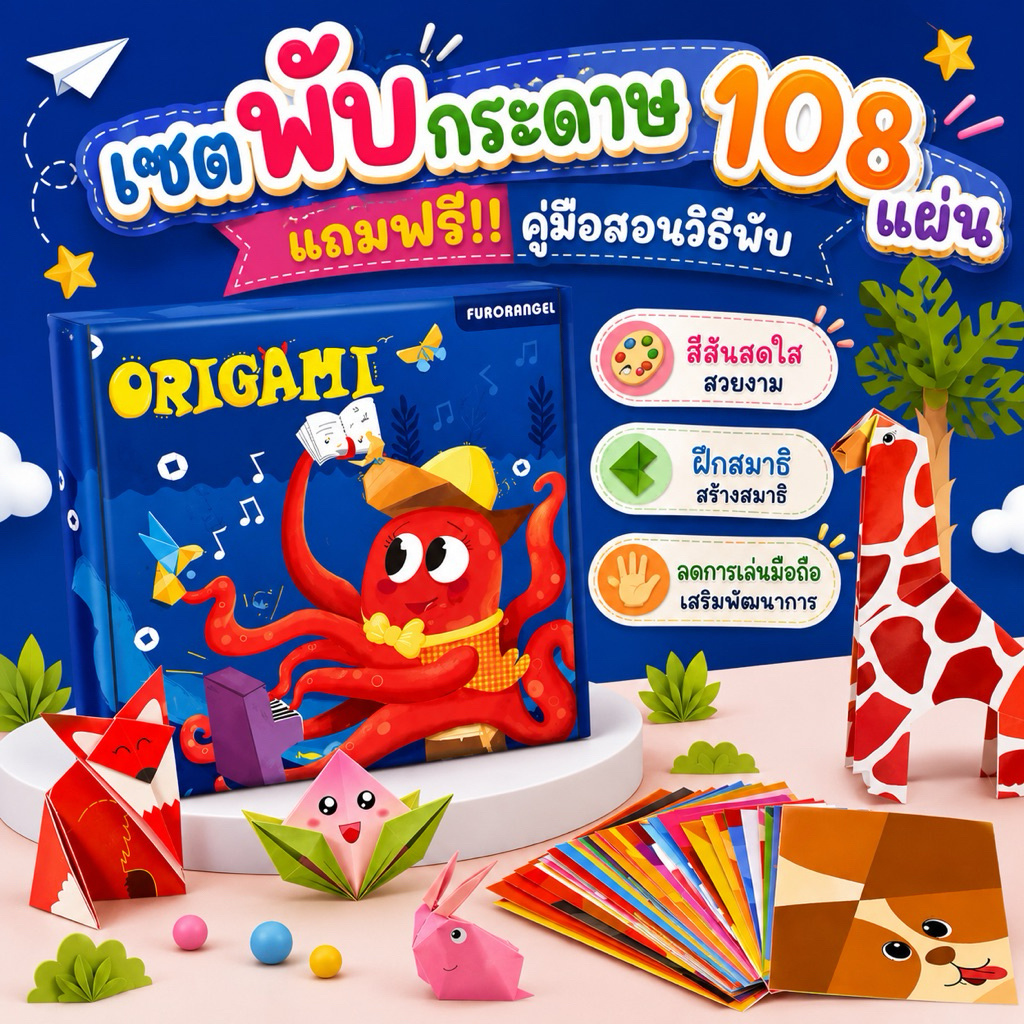 สุดคุ้ม!! สมุดพับกระดาษ 108-120 แผ่น มาพร้อมคู่มือสอนวิธีพับ ภาพสีทุกแผ่น บรรจุในกล่องสวยงาม ชุดพับกระดาษ 3 มิติ