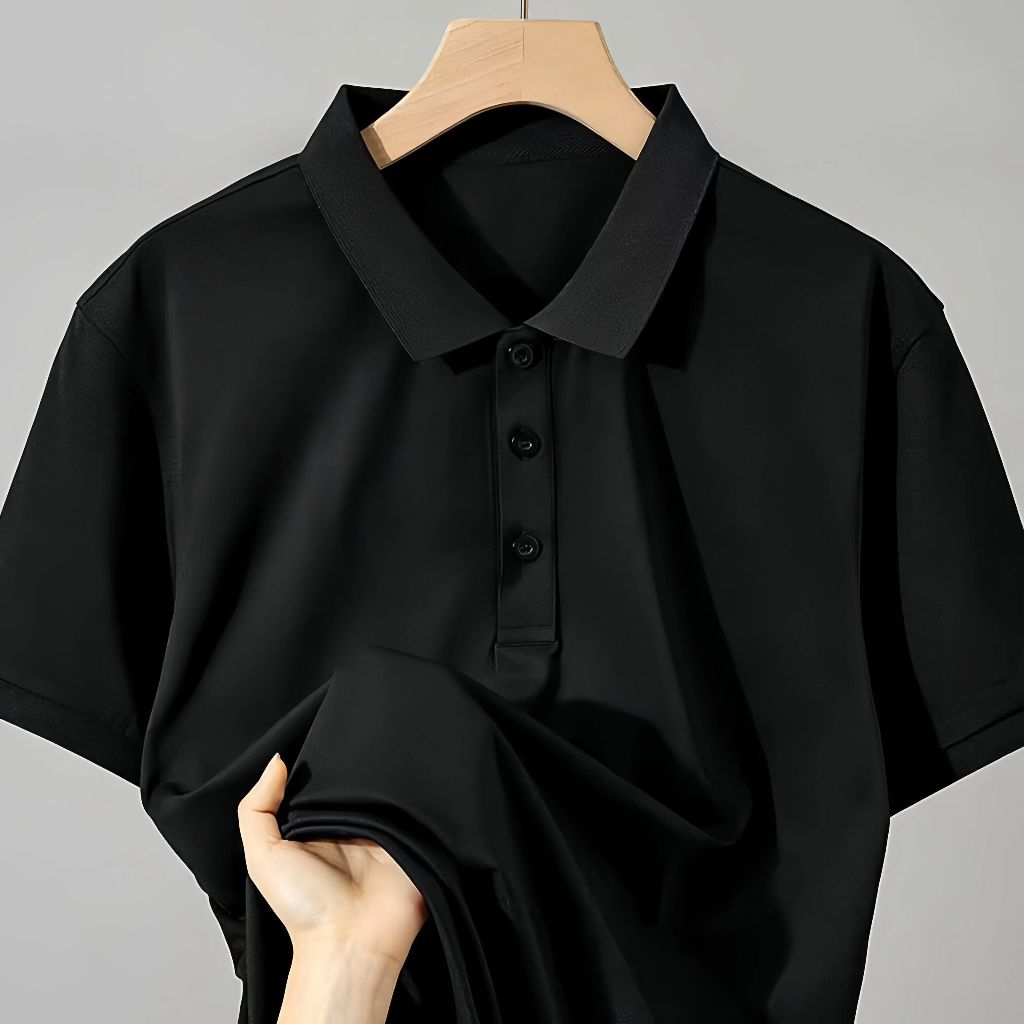 เสื้อโปโลเสื้อสำหรับนักธุรกิจสีขาวดำแบบเรียบง่าย เสื้อดำ เสื้อโปรโล สะดวกสบายและระบายอากาศอเนกประสงค์สำหรับผู้ชาย