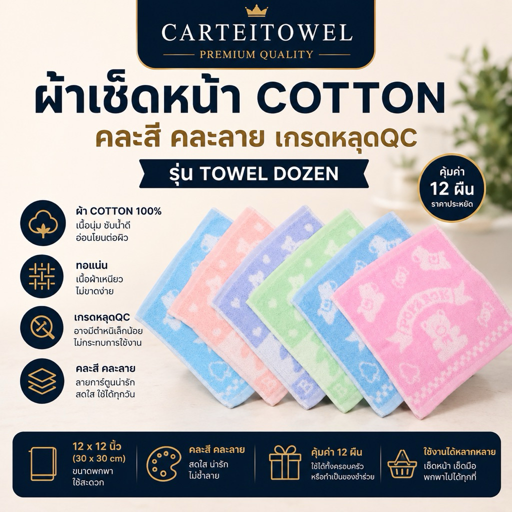 ผ้าขนหนู ผ้าเช็ดหน้า ผ้าcotton100% 12คูณ12นิ้ว(เช็ดหน้า) เกรดหลุดQC (ยกโหล)