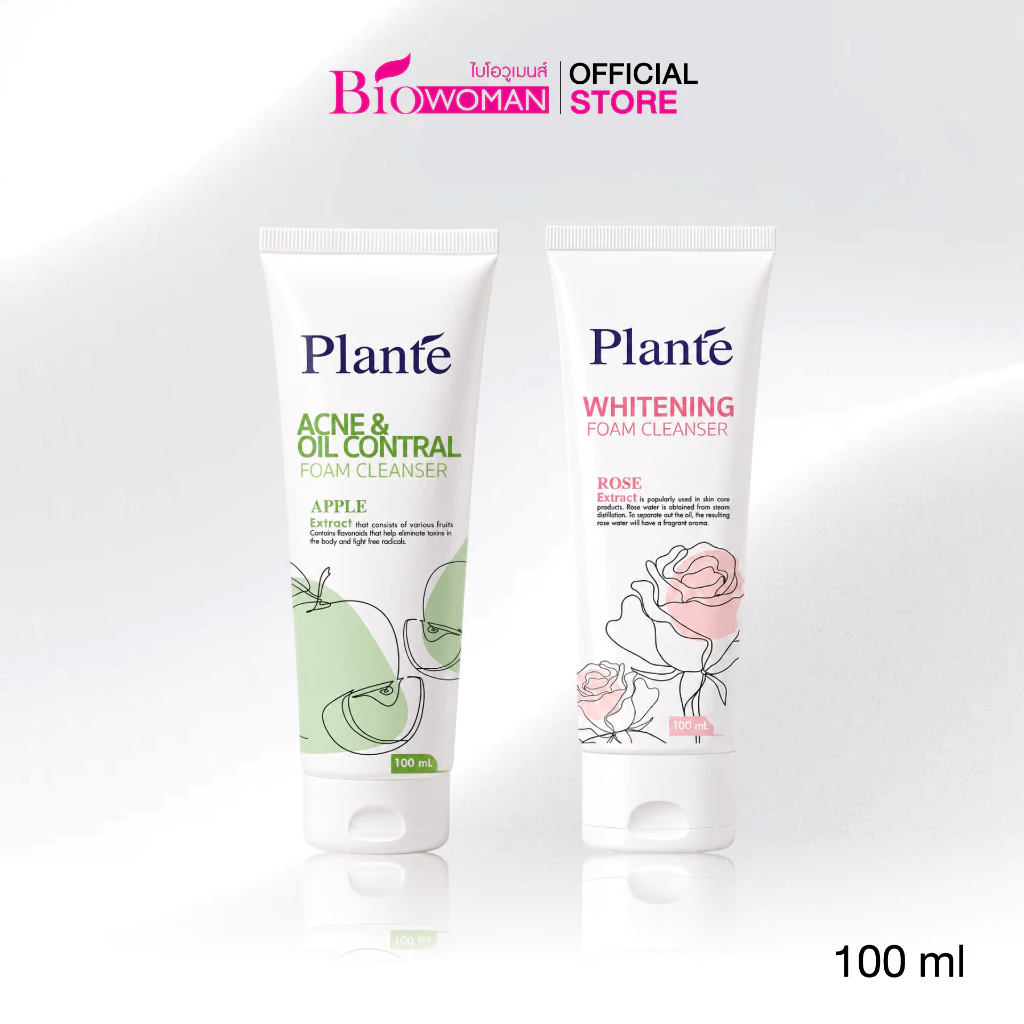 Plante โฟมล้างหน้า ขนาด 100 มล. (2 สูตร) ไวท์เทนนิ่งโฟมโรส & แอคเน่โฟมแอปเปิ้ล