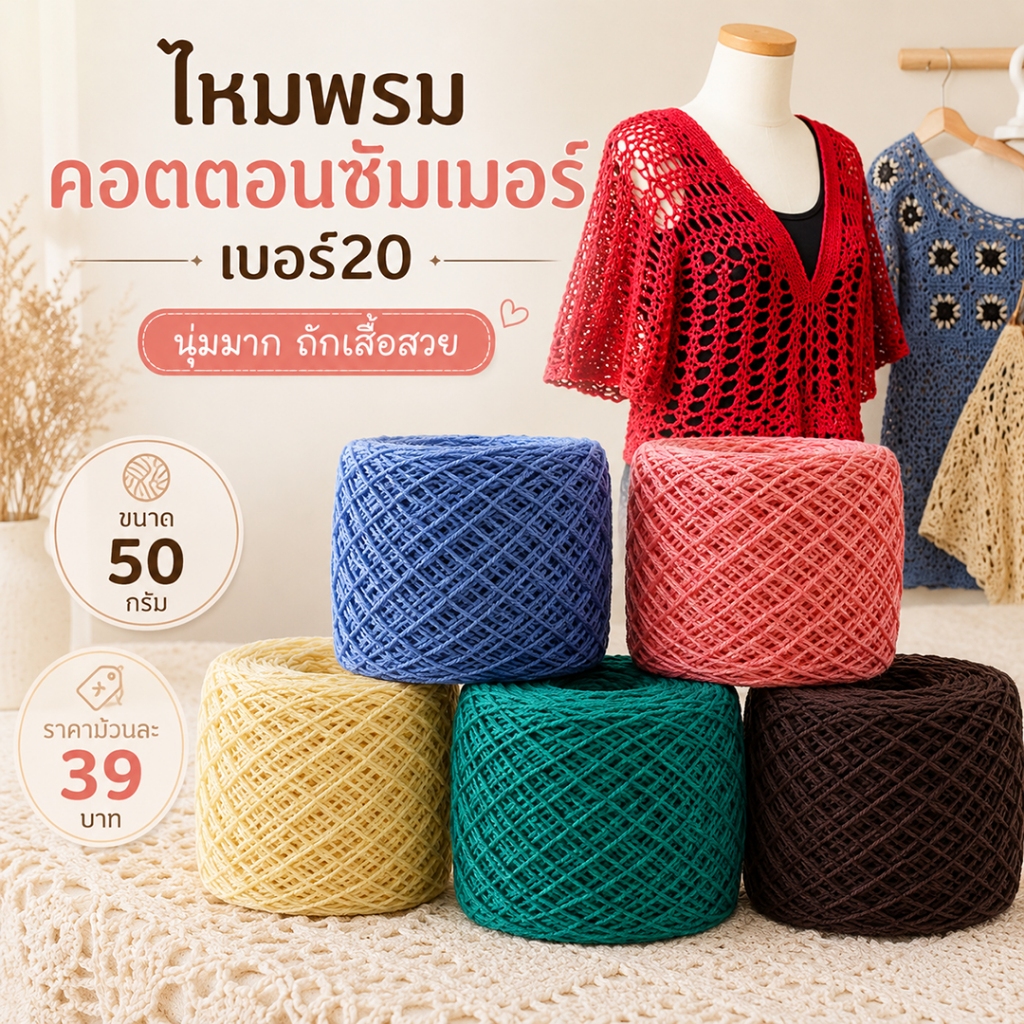 ไหมคอตตอนซัมเมอร์ เบอร์20 | นุ่มมาก ถักเสื้อสวย | 50g