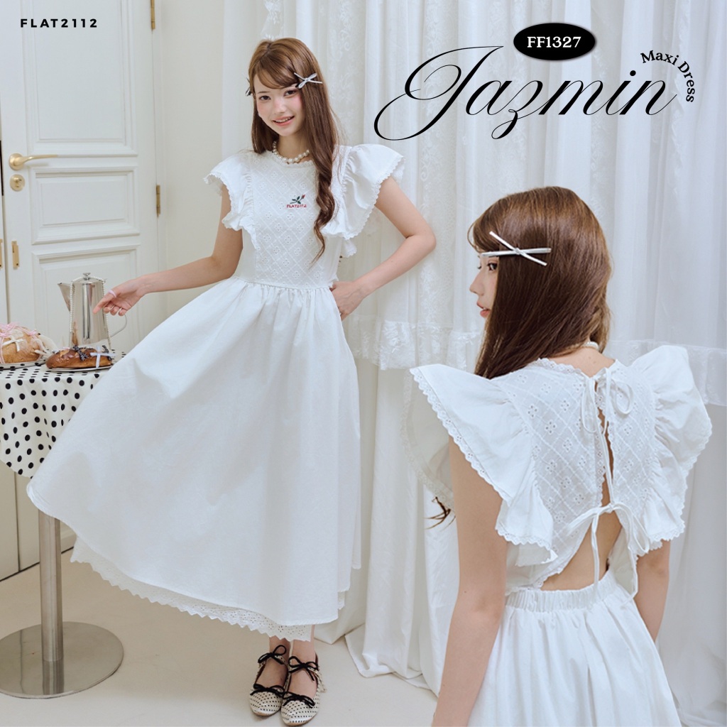 FLAT2112 : JAZMIN MAXI DRESS เดรสยาวสีขาวมินิมอล เดรสแขนระบาย เดรสสไตล์เกาหลีเรียบหรู เดรสผ้าพริ้วใส่สบาย (FF1327)