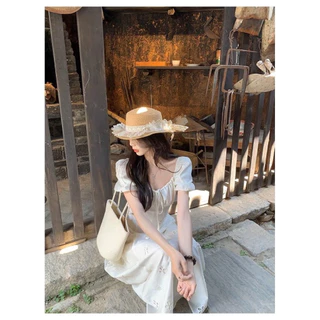 (พร้อมส่ง) Excellent creamy dress ชุดเดรสแขนตุ๊กตา ผ้าปักฉลุดอกไม้