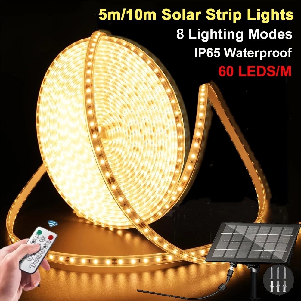 ไฟสตริปโซล่าเซลล์ LED 10M กันน้ำ ใช้ภายนอก 8 โหมด ชาร์จ USB มีรีโมท ควบคุม แผงโซล่าเซลล์ สําหรับพื้นที่ริมระเบียง🎄