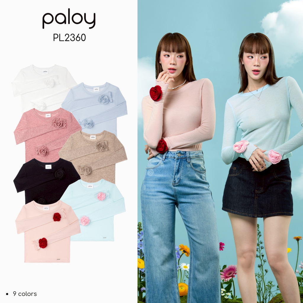 [Best Seller] Paloy - PL2360 Camellia Top เสื้อแขนยาว ทรงเข้ารูป ปลายแขนแต่งดอกคาเมลเลีย