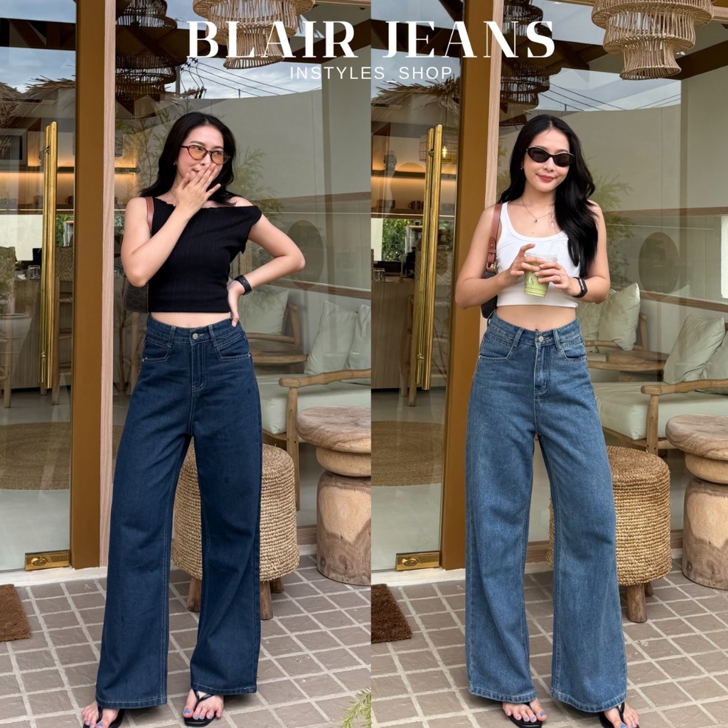 INSTYLES_SHOP - BLAIR JEANS กางเกงยีนส์ขากระบอกใหญ่ทรงขากว้าง เอวสูง สียีนส์เบสิค  Wide Leg Jeans ใส่แล้วพรางหุ่น