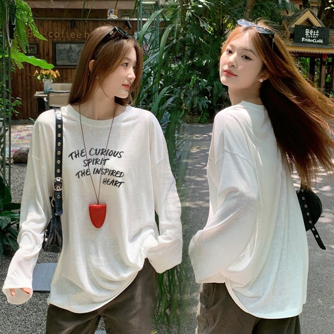 เสื้อกันแดด สำหรับผูหญิง แขนยาวพิมพ์ลายอักษร เสื้อแขนยาวสไตล์เกาหลี น้ำหนักเบาและสวมใส่สบาย 🌷✨