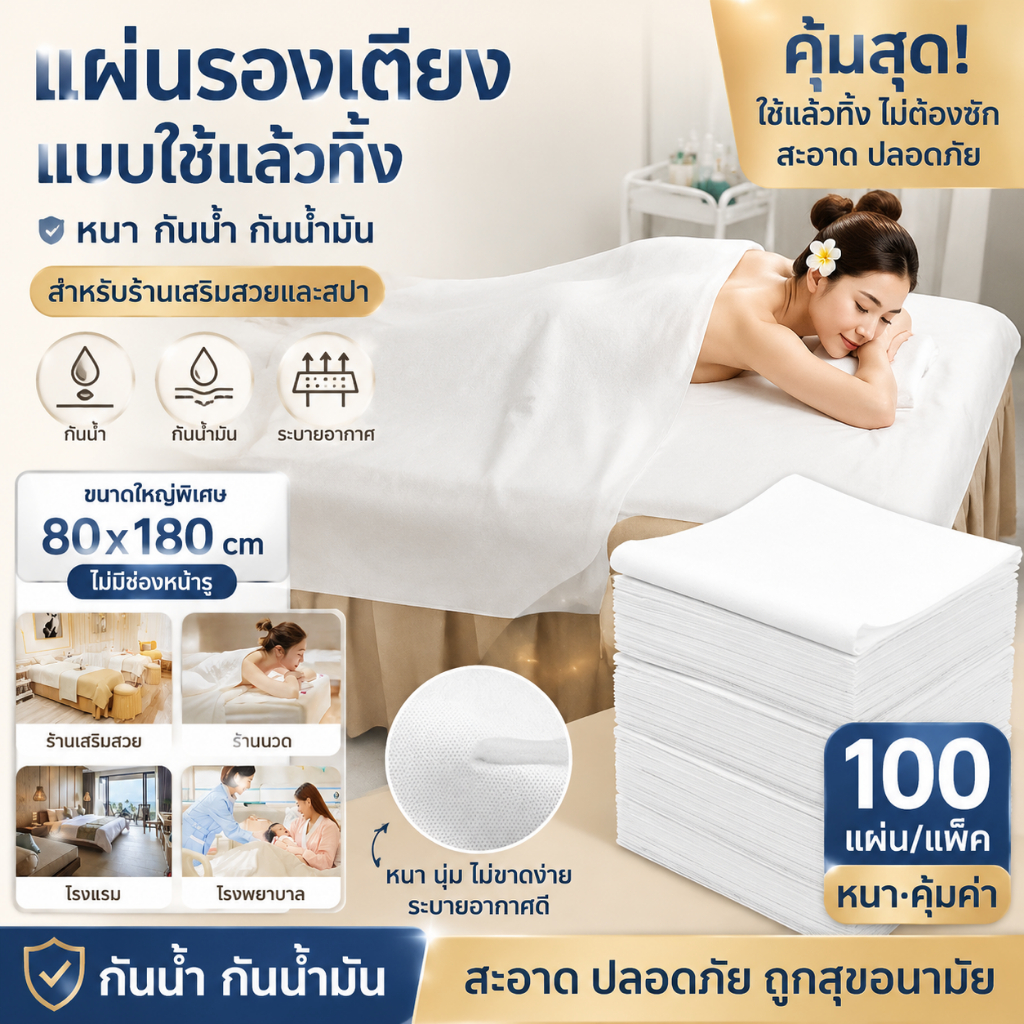 กระดาษปูเตียงใช้แล้วทิ้ง ใช้แล้วทิ้งได้ทันที ขนาดใหญ่ 80x180 ซม. สีขาว 100ชิ้น เหมาะสำหรับร้านนวด สปา ร้านเสริมสวย และโร