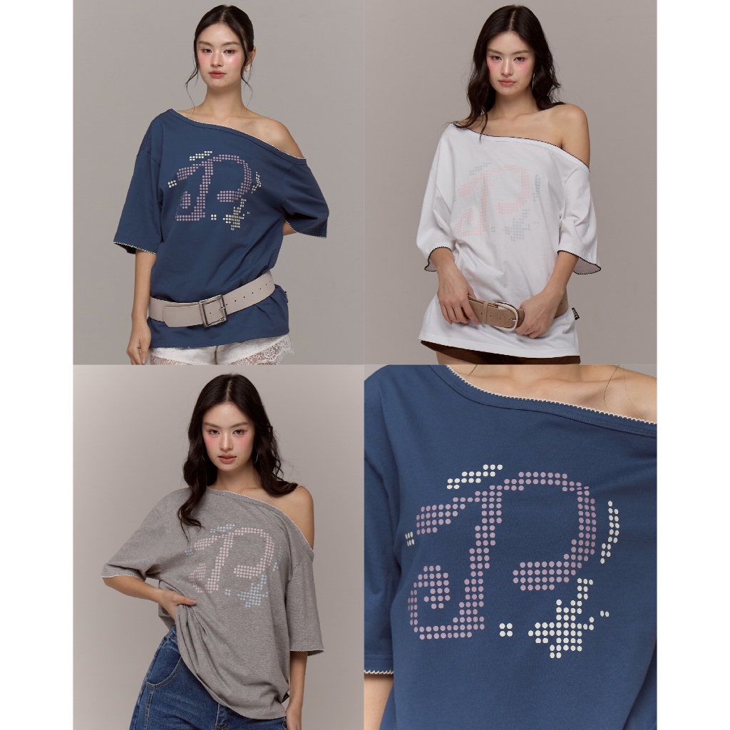 Prey เสื้อปาดไหล่โอเวอไซส์ p logo oversize off shoulder