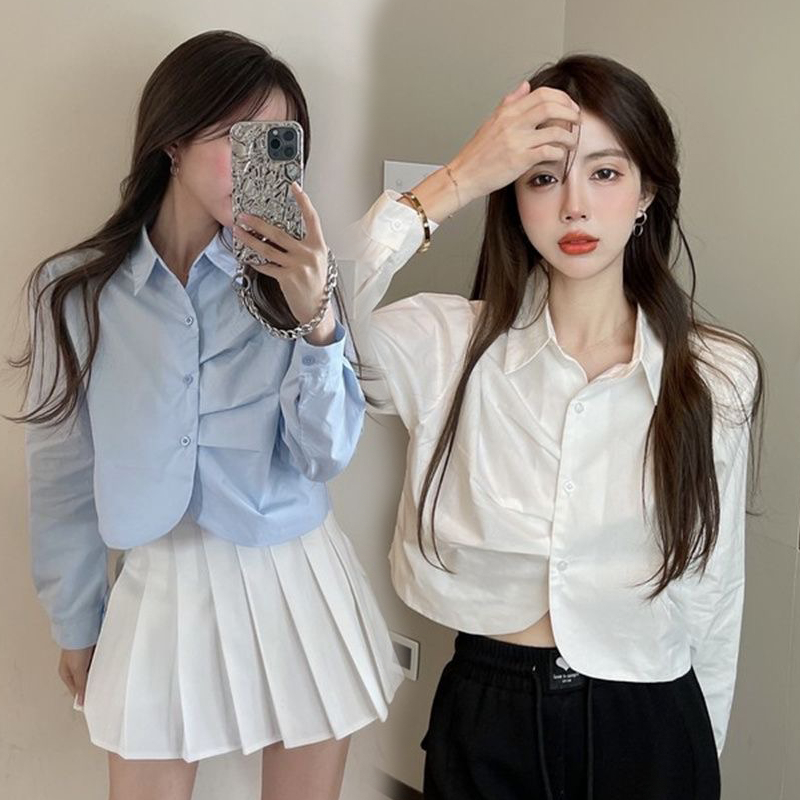 Dahong 💖 เสื้อเชิ้ตแขนยาวลายทาง คอปก ดีไซน์จับจีบไม่สม่ำเสมอ แฟชั่นเกาหลี ใส่ได้ทุกวัน W461