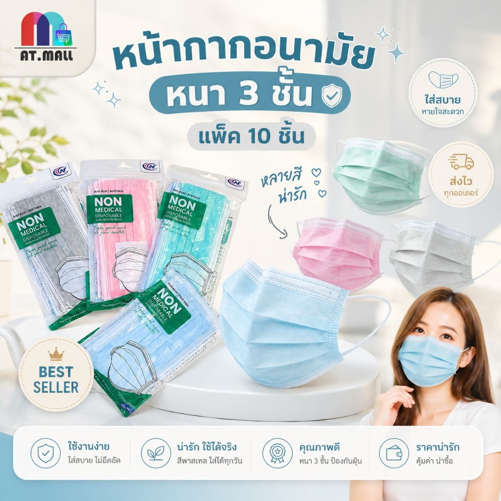AT.MALL หน้ากากอนามัย 3 ชั้น AT (10 ชิ้น) | แมสกันฝุ่น สีพาสเทลหลายสี | หายใจสะดวก | สวมใส่สบาย