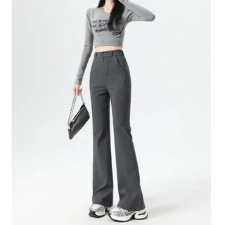 Korean ผู้หญิง เอวสูง กางเกงขาบาน ผอมเพรียว Casual กางเกงถูพื้น flared trousers