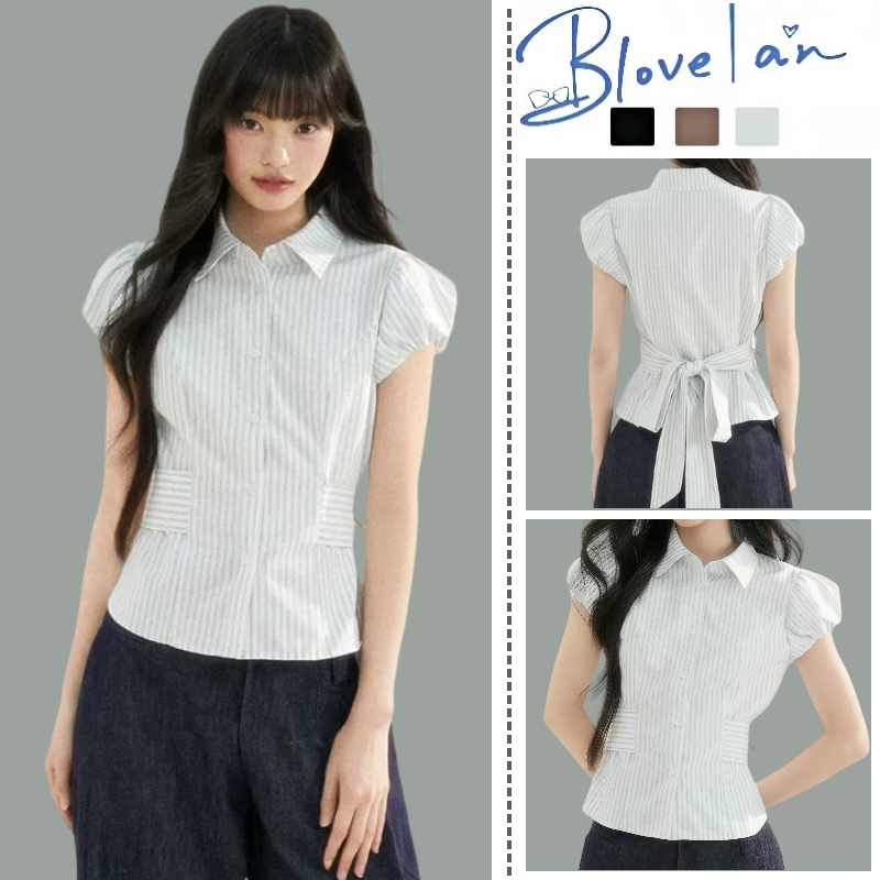 เสื้อเชิ้ตแขนสั้น แขนพอง เว้าเอว งานรัดรูป ดีไซน์เพรียวบางพอดี สไตล์สาวฮอตเกาหลี แฟชั่นฤดูร้อน สําหรับผู้หญิง