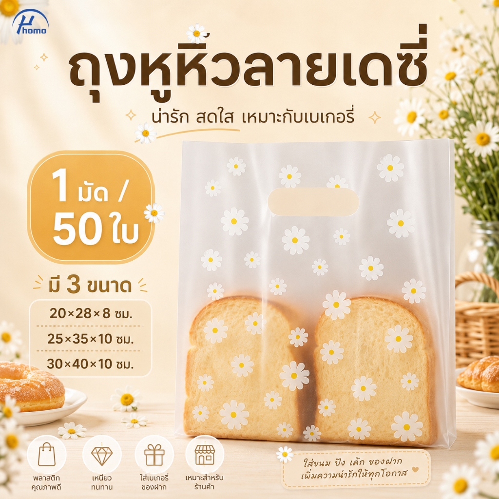 ถุงหูเจาะพลาสติกขุ่น ถุงแพ็คสินค้า ใส่ขนม ของขวัญ เบเกอรี่ 50 ใบ
