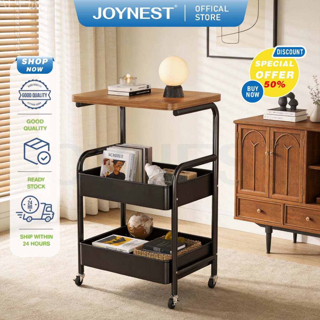 JOYNEST ชั้นวางของ 3 ชั้น เหล็กคาร์บอน มีล้อเลื่อน ชั้นเก็บของในครัว ชั้นจัดระเบียบห้องนอน พร้อมหน้าโต๊ะ